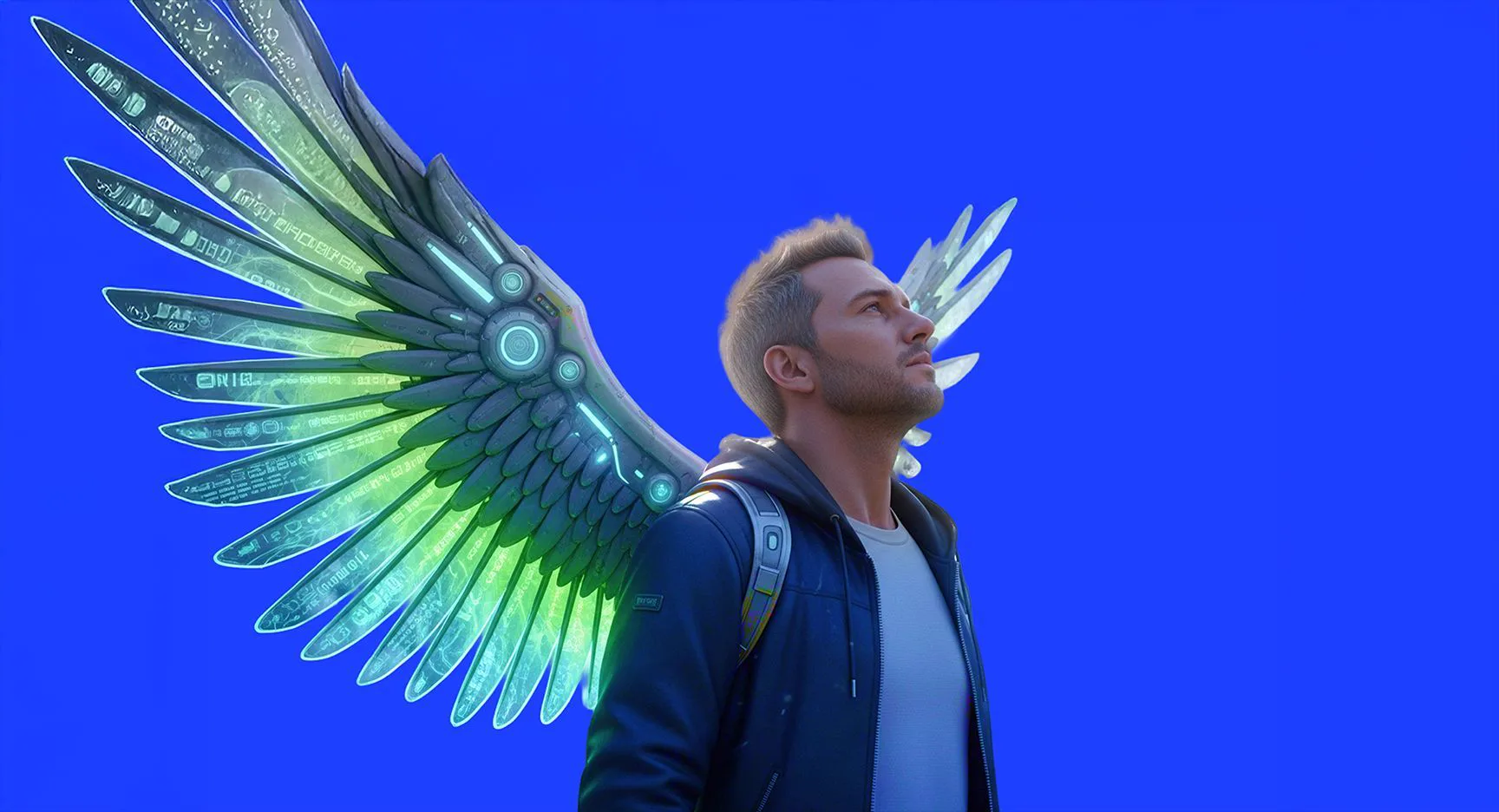 Entermind campaign art: a man with green-and-blue mechanical wings on Entermind blue